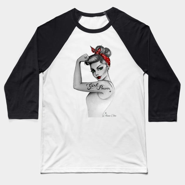 Girl Power by Anne Cha Pin up Modern Rosie the Riveter Baseball T-Shirt by annechaart